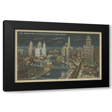 Chicago- Chicago River by Night Black Modern Wood Framed Art Print by Unknown