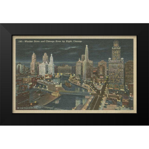 Chicago- Chicago River by Night Black Modern Wood Framed Art Print by Unknown