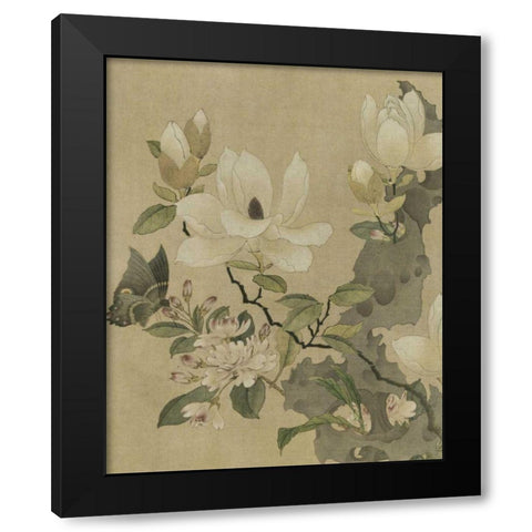 Magnolia and Butterfly Black Modern Wood Framed Art Print with Double Matting by Unknown