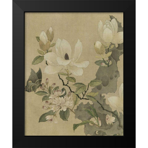 Magnolia and Butterfly Black Modern Wood Framed Art Print by Unknown