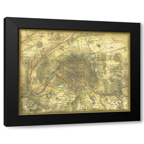 Map of Paris Black Modern Wood Framed Art Print with Double Matting by Vision Studio