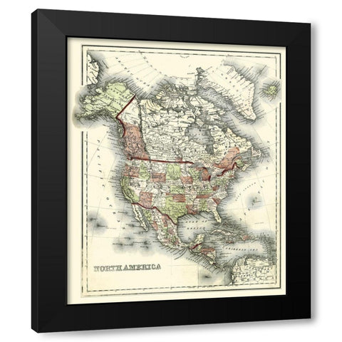 Small Antique Map of North America Black Modern Wood Framed Art Print with Double Matting by Johnson