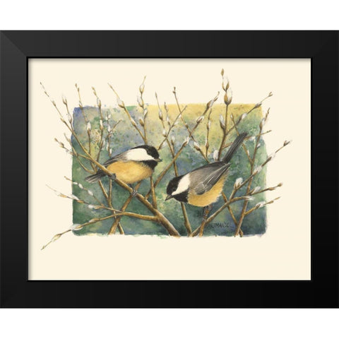 Chickadees and Pussy Willow Black Modern Wood Framed Art Print by Mandel, Janet