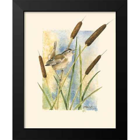 Marsh Wren and Cattails Black Modern Wood Framed Art Print by Mandel, Janet