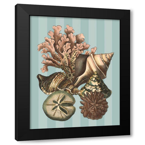 Shell and Coral on Aqua I Black Modern Wood Framed Art Print with Double Matting by Vision Studio