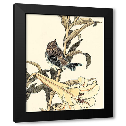 Oriental Bird on Branch II Black Modern Wood Framed Art Print with Double Matting by Vision Studio