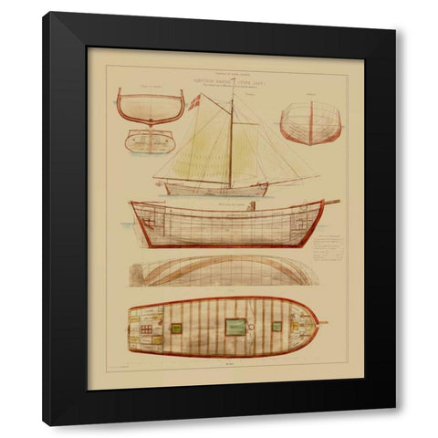 Antique Ship Plan III Black Modern Wood Framed Art Print with Double Matting by Vision Studio