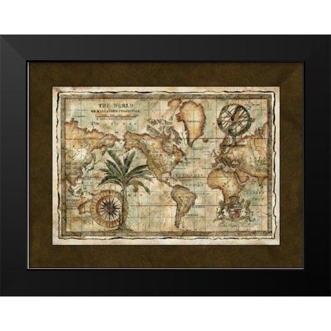 World Map with Globe  Black Modern Wood Framed Art Print by Unknown