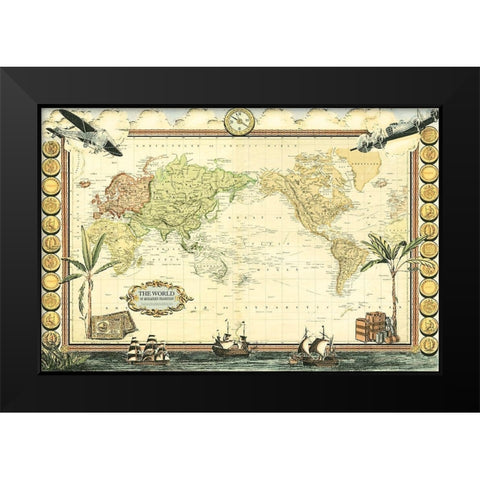 Adventure Map Black Modern Wood Framed Art Print by Vision Studio