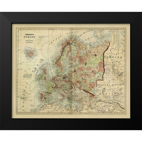 Antique Map of Europe  Black Modern Wood Framed Art Print by Johnson