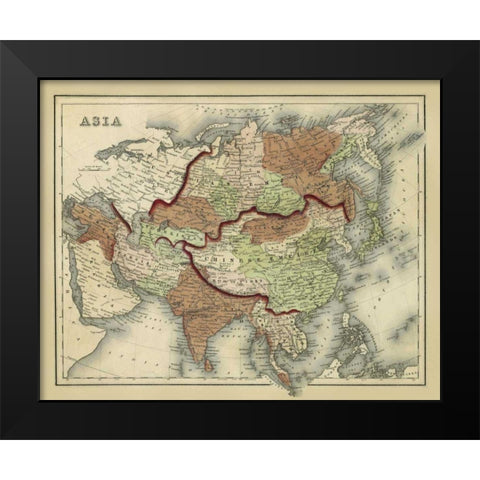 Antique Map of Asia Black Modern Wood Framed Art Print by Johnson