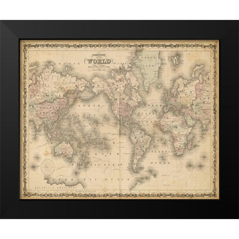 Johnsons Map of the World Black Modern Wood Framed Art Print by Johnson