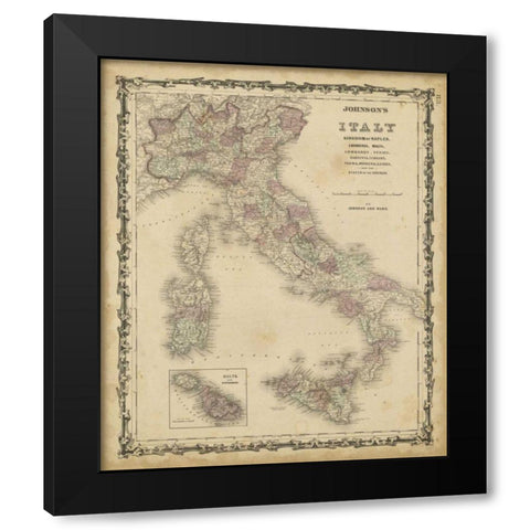 Johnsons Map of Italy Black Modern Wood Framed Art Print with Double Matting by Johnson