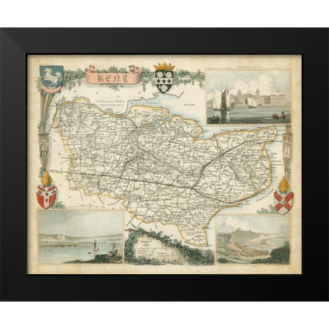 Map of Kent Black Modern Wood Framed Art Print by Unknown