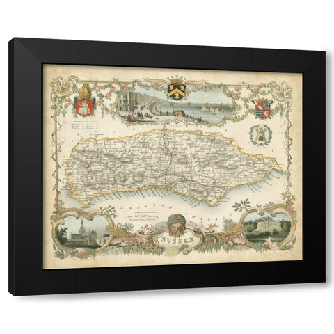 Map of Sussex Black Modern Wood Framed Art Print by Unknown