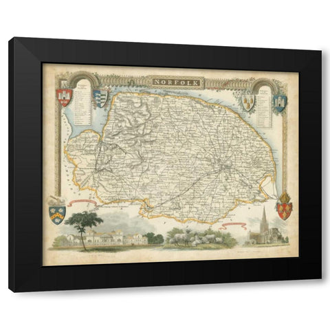 Map of Norfolk Black Modern Wood Framed Art Print with Double Matting by Unknown