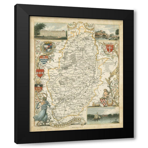 Map of Nottinghamshire Black Modern Wood Framed Art Print by Unknown