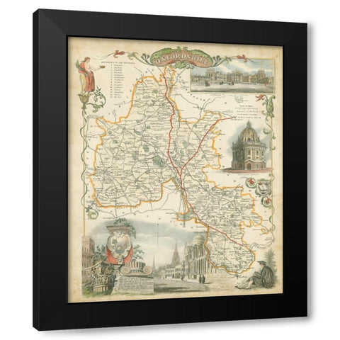 Map of Oxfordshire Black Modern Wood Framed Art Print by Unknown