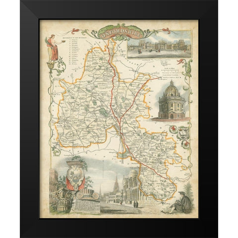 Map of Oxfordshire Black Modern Wood Framed Art Print by Unknown