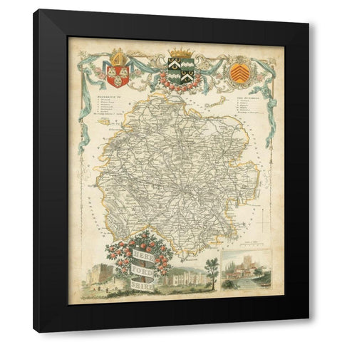 Map of Herefordshire Black Modern Wood Framed Art Print by Unknown