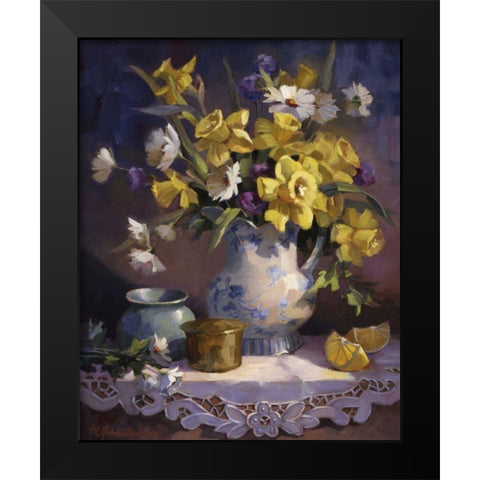 Daffodils and Lace Black Modern Wood Framed Art Print by Johnston, Maxine
