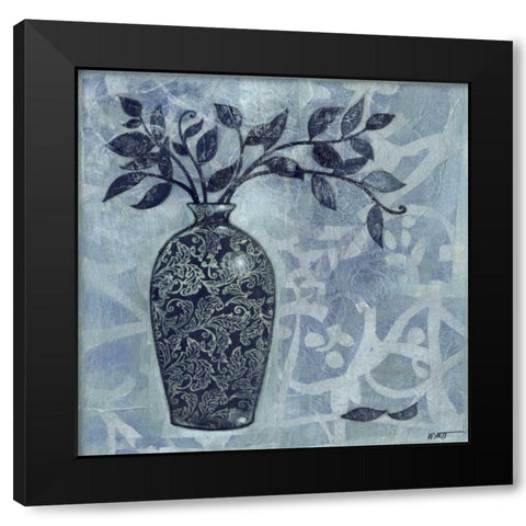 Ornate Vase with Indigo Leaves II Black Modern Wood Framed Art Print by Wyatt Jr., Norman