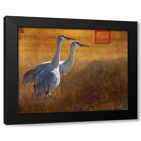 Walking Cranes Black Modern Wood Framed Art Print with Double Matting by Vest, Chris