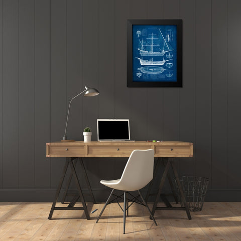 Antique Ship Blueprint I Black Modern Wood Framed Art Print by Vision Studio