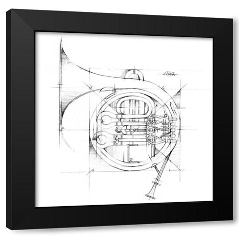 French Horn Sketch Black Modern Wood Framed Art Print by Harper, Ethan