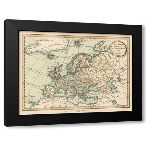 Historic Map of Europe Black Modern Wood Framed Art Print by Laurie and White