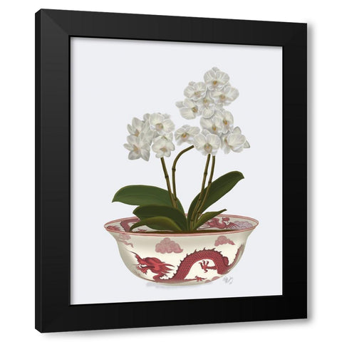 Chinoiserie Orchids White, Dragon Bowl Red Black Modern Wood Framed Art Print with Double Matting by Fab Funky