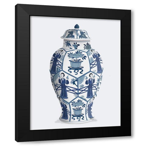 Chinoiserie Vase Leaf Picker Blue Black Modern Wood Framed Art Print with Double Matting by Fab Funky