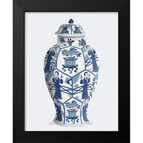 Chinoiserie Vase Leaf Picker Blue Black Modern Wood Framed Art Print by Fab Funky