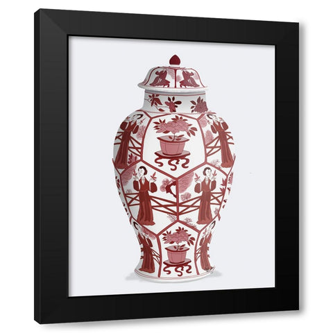 Chinoiserie Vase Leaf Picker Red Black Modern Wood Framed Art Print with Double Matting by Fab Funky
