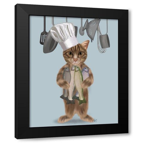 Tabby Cat Fish Chef Black Modern Wood Framed Art Print by Fab Funky