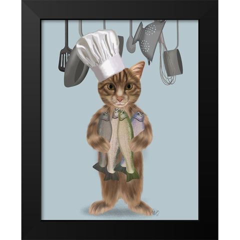 Tabby Cat Fish Chef Black Modern Wood Framed Art Print by Fab Funky