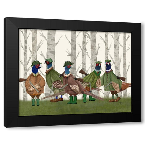 Pheasant Shooting Party Group 3 Black Modern Wood Framed Art Print by Fab Funky