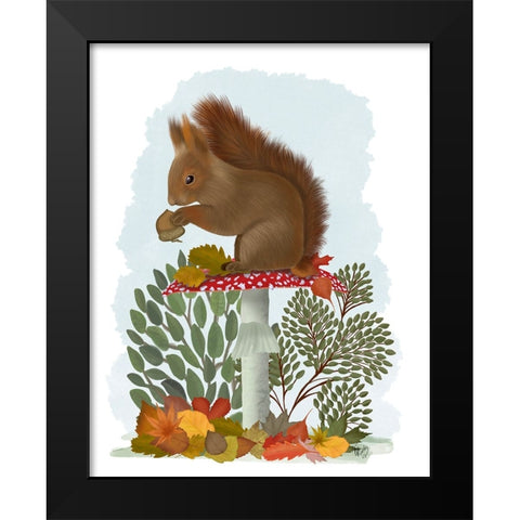 Red Squirrel On Mushroom Black Modern Wood Framed Art Print by Fab Funky