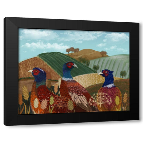 Pheasant Trio in Field Black Modern Wood Framed Art Print by Fab Funky