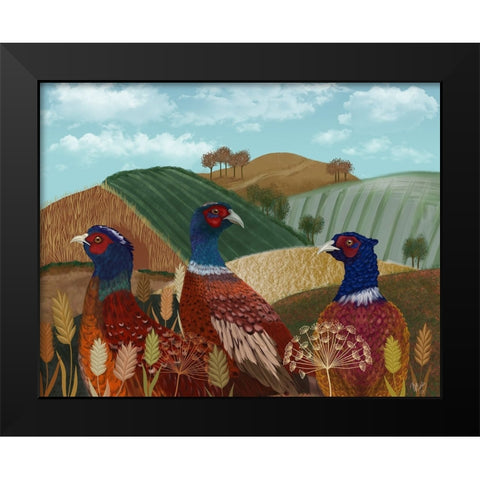 Pheasant Trio in Field Black Modern Wood Framed Art Print by Fab Funky