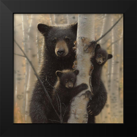 Black Bear Mother and Cubs - Mama Bear Black Modern Wood Framed Art Print by Bogle, Collin