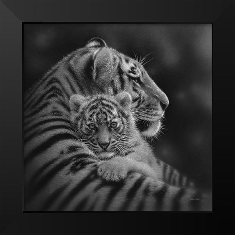 Tiger Mother and Cub - Cherished - BandW Black Modern Wood Framed Art Print by Bogle, Collin