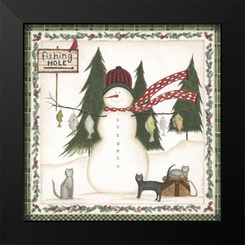 Fishing Hole Snowman Black Modern Wood Framed Art Print by Shamp, Cindy