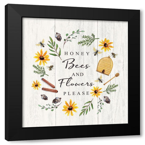 Honey Bees and Flowers Please Black Modern Wood Framed Art Print with Double Matting by Tyndall, Elizabeth