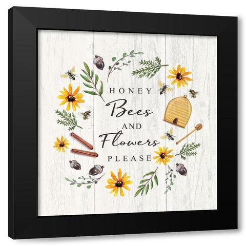 Honey Bees and Flowers Please Black Modern Wood Framed Art Print by Tyndall, Elizabeth
