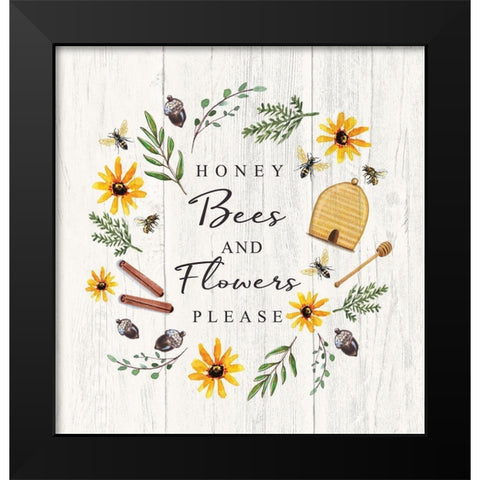 Honey Bees and Flowers Please Black Modern Wood Framed Art Print by Tyndall, Elizabeth