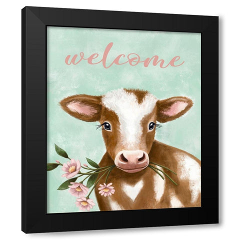 Welcome Cow Black Modern Wood Framed Art Print with Double Matting by Tyndall, Elizabeth