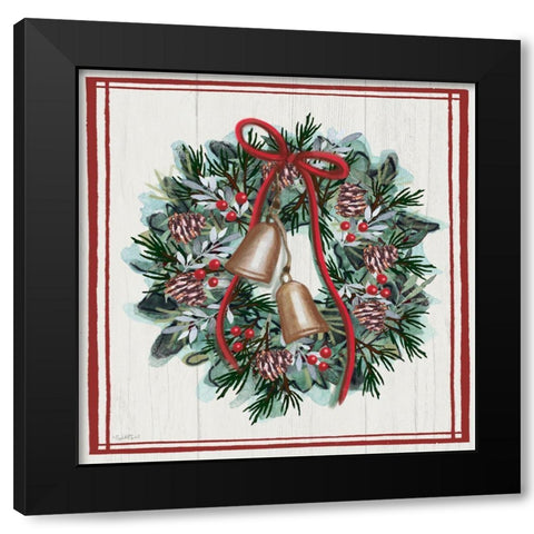 Jingle Bell Wreath Black Modern Wood Framed Art Print with Double Matting by Tyndall, Elizabeth