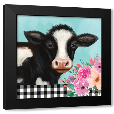 Floral Cow Black Modern Wood Framed Art Print with Double Matting by Tyndall, Elizabeth