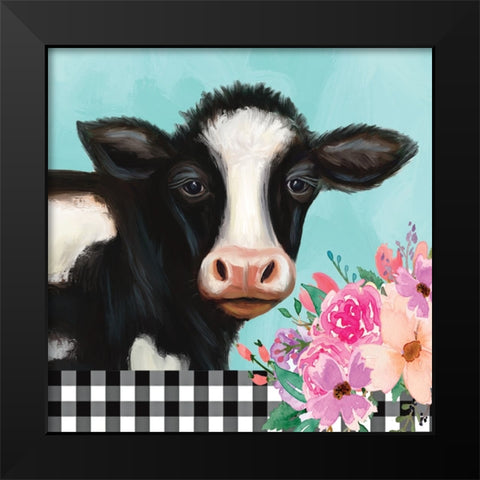 Floral Cow Black Modern Wood Framed Art Print by Tyndall, Elizabeth